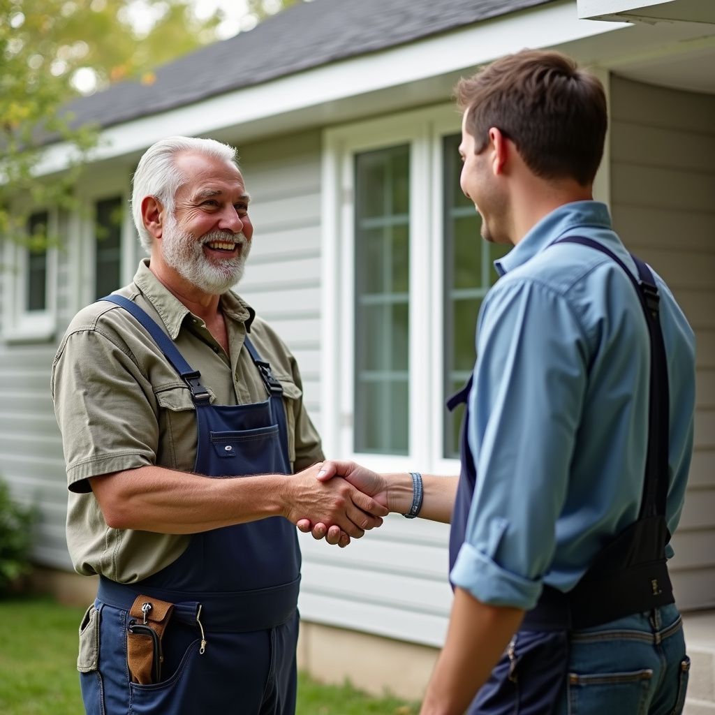 Two men in work clothes shake hands in front of a house.