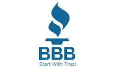 Blue BBB logo with torch flame and text