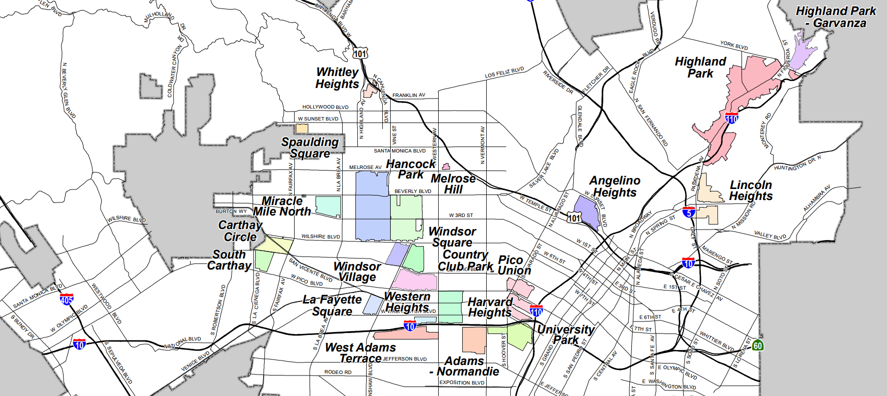  Los Angeles HPOZ  Zoning Map with colored sections, roads, and labeled areas.