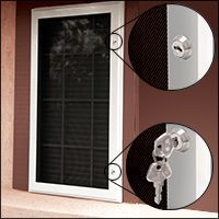 White security window screen with inset closeups of the lock, showing keys inserted.