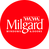 Milgard Windows & Doors logo: white text on a red circle.