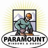 Logo for Paramount Windows & Doors: Worker fitting a window, with mountains in the background.