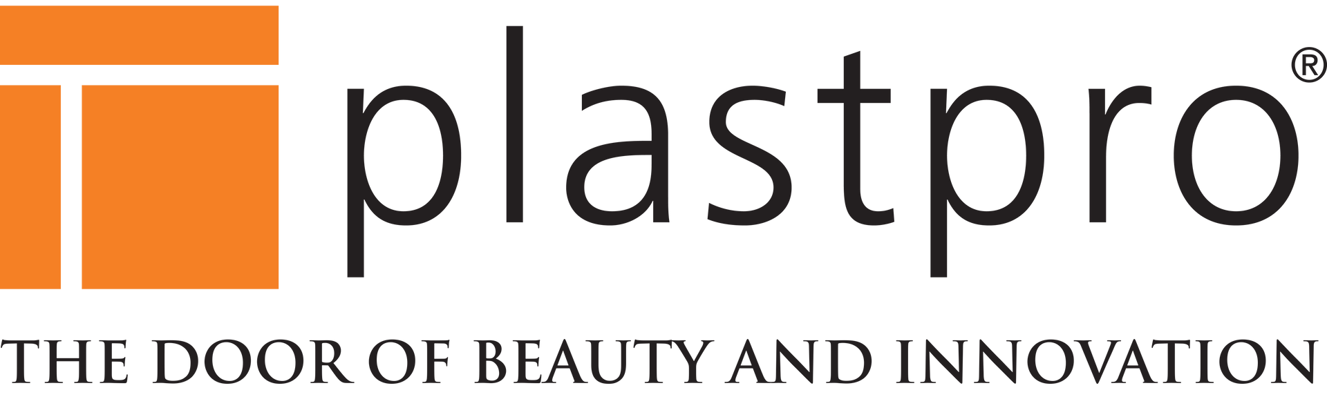 Plastpro logo with orange square design and black text: