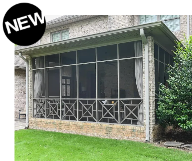 Screened-in porch with geometric railing and curtains, attached to a brick house, green grass, marked