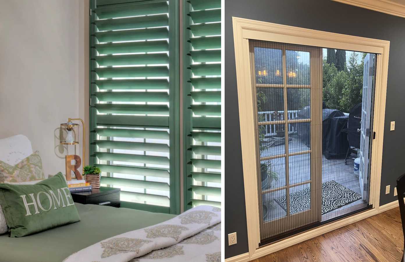 Green wood plantation shutters and a retractable screen door installed by Tashman in Glendale, Calif