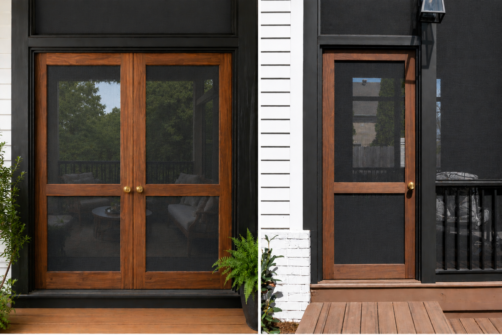 Two black front doors with wood trim on a house exterior, separated by white siding and a potted plant