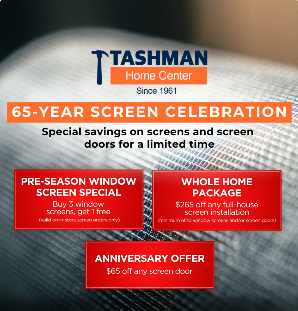 Tashman Home Center 65-year screen celebration sale ad with red discount banners on white background