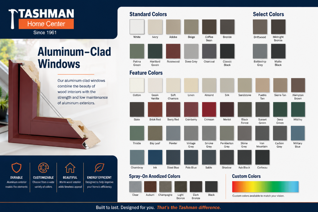 Tasman aluminum-clad windows color chart with sample swatches and product photo