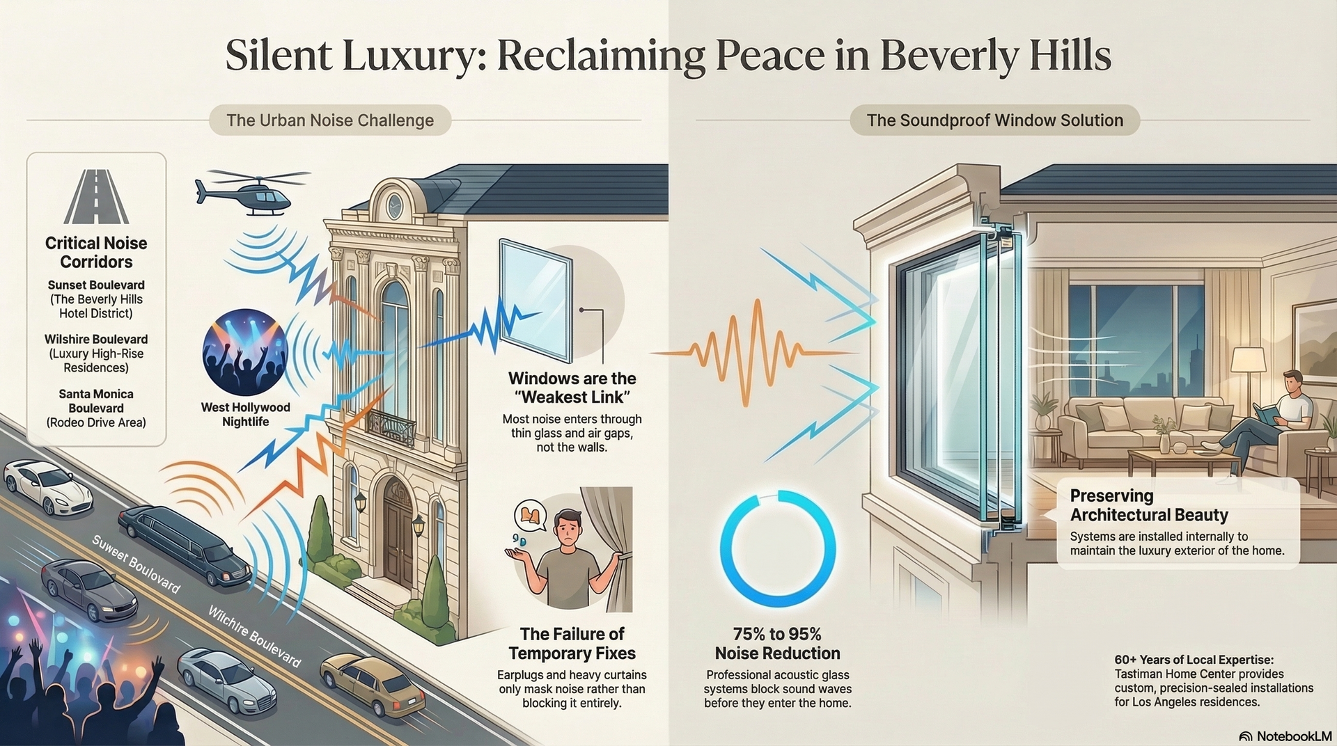 Diagram: Luxury home in Beverly Hills. Left: Noise pollution. Right: Soundproof windows creating calm interior.