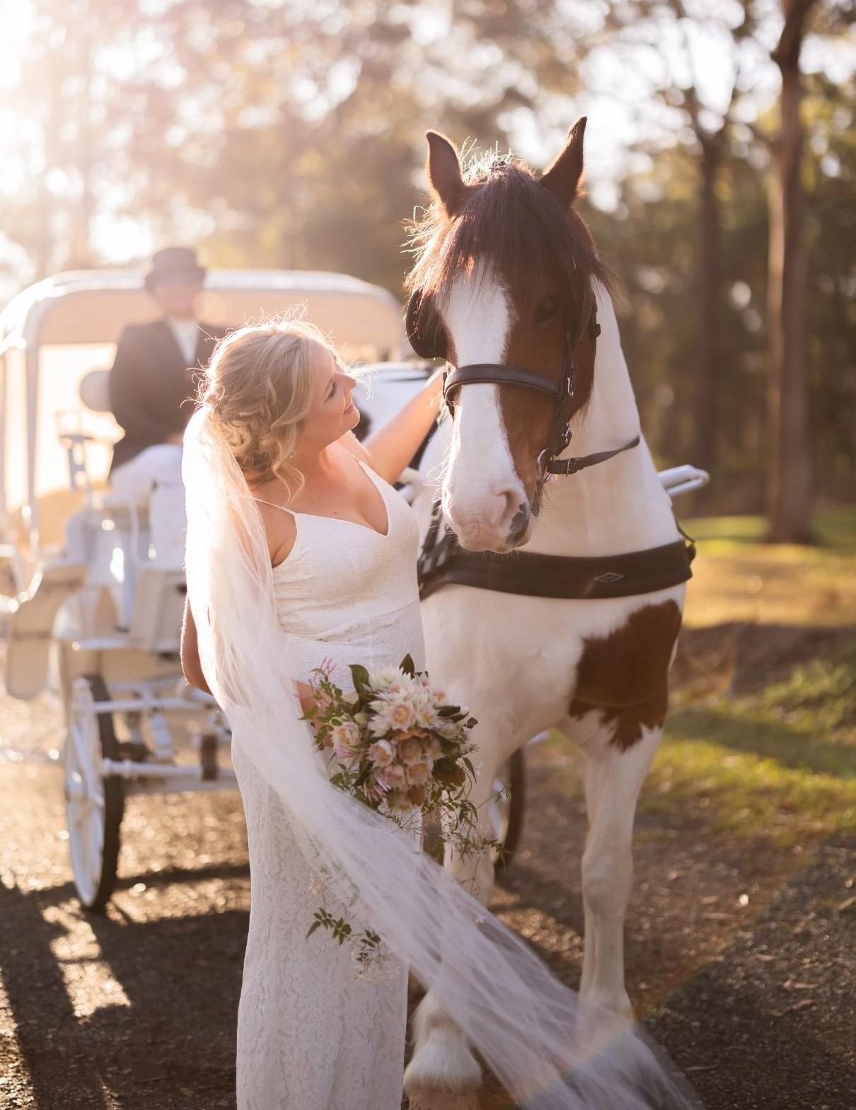 A Bride and Groom Are Standing Next to a Horse Drawn Carriage — Prestige Horse Carriages in Mitchells Flat, NSW