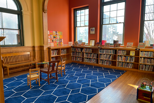 A library with lots of books on shelves and a blue rug.