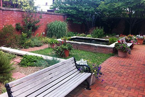 A park bench is sitting in a garden next to a pond.