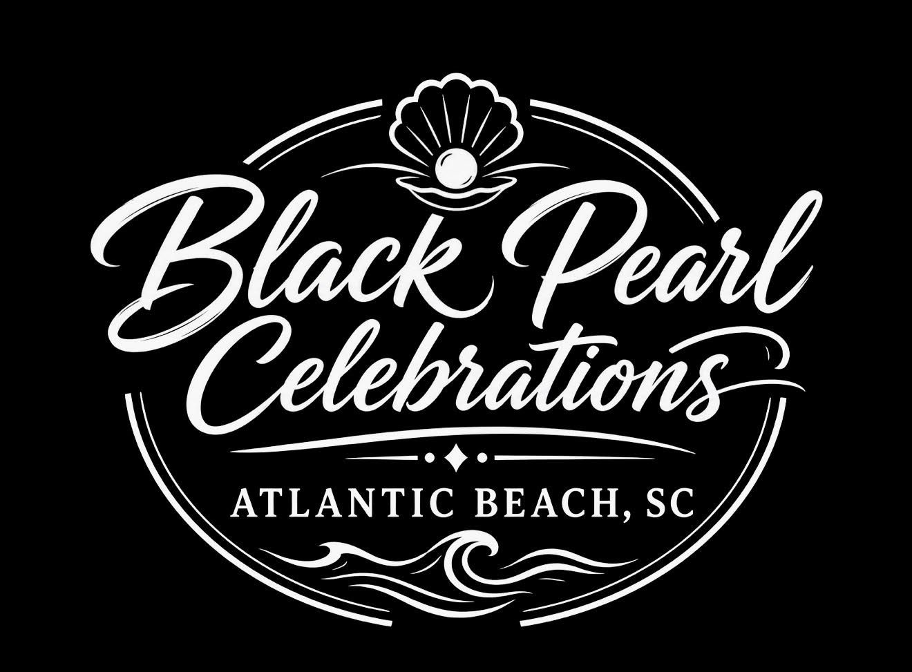 Black Pearl Celebrations logo with pearl shell, black-and-white oval design, Atlantic Beach, SC