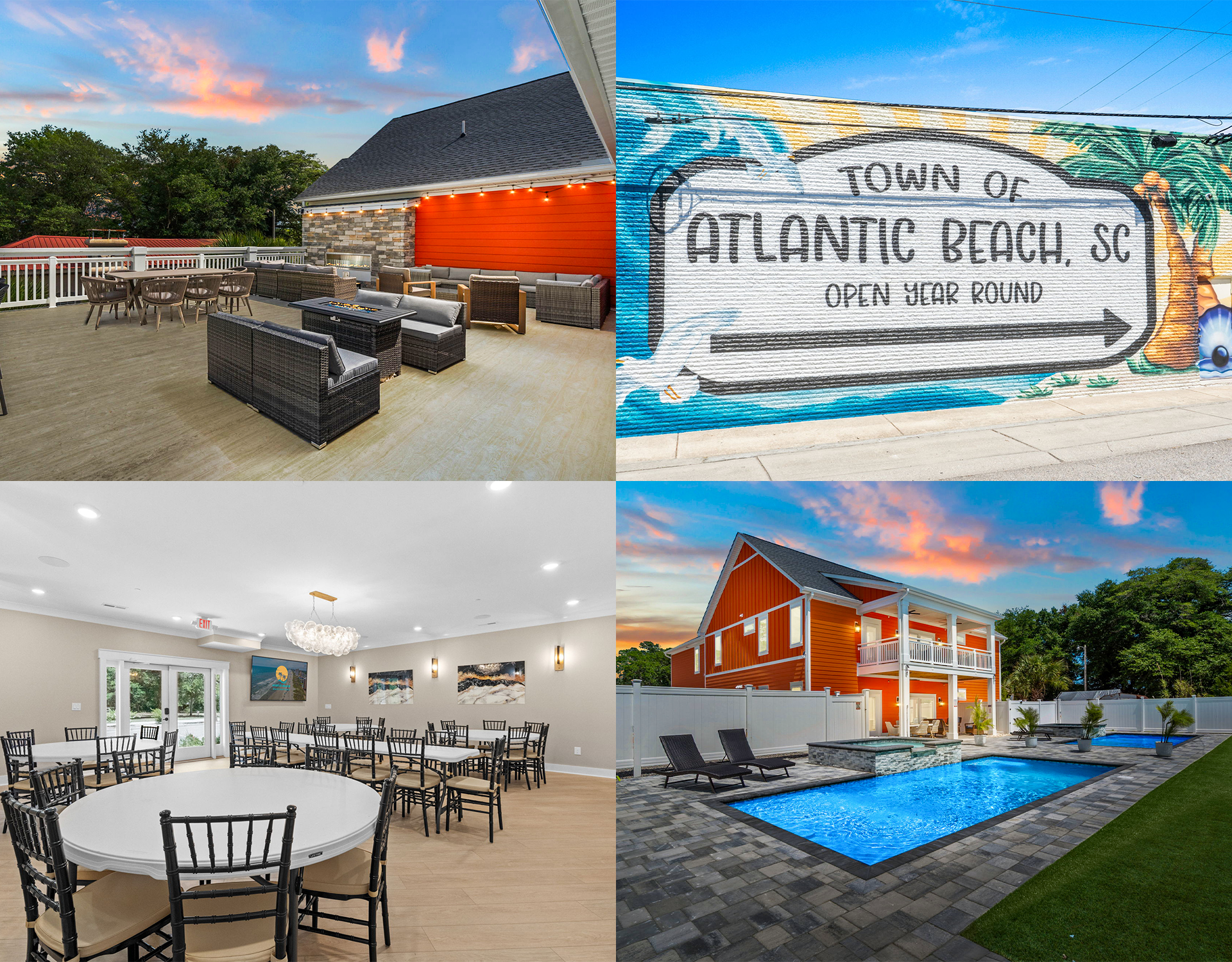 Atlantic Beach Club sign, patio, dining room, and orange building with pool.