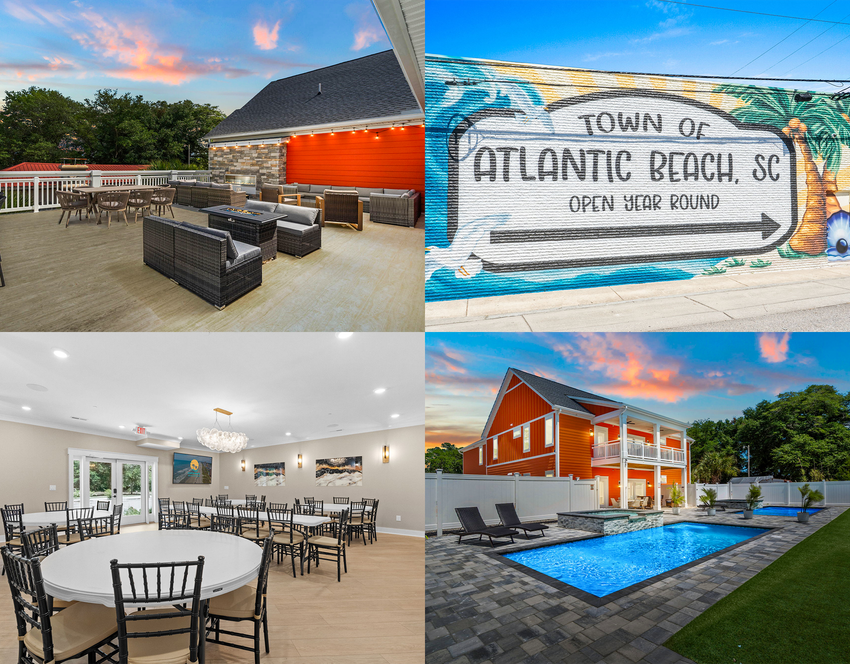 Atlantic Beach Club sign, patio, dining room, and orange building with pool.