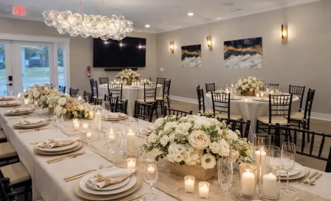 Elegant banquet room with long candlelit table, white floral centerpieces, and black chairs