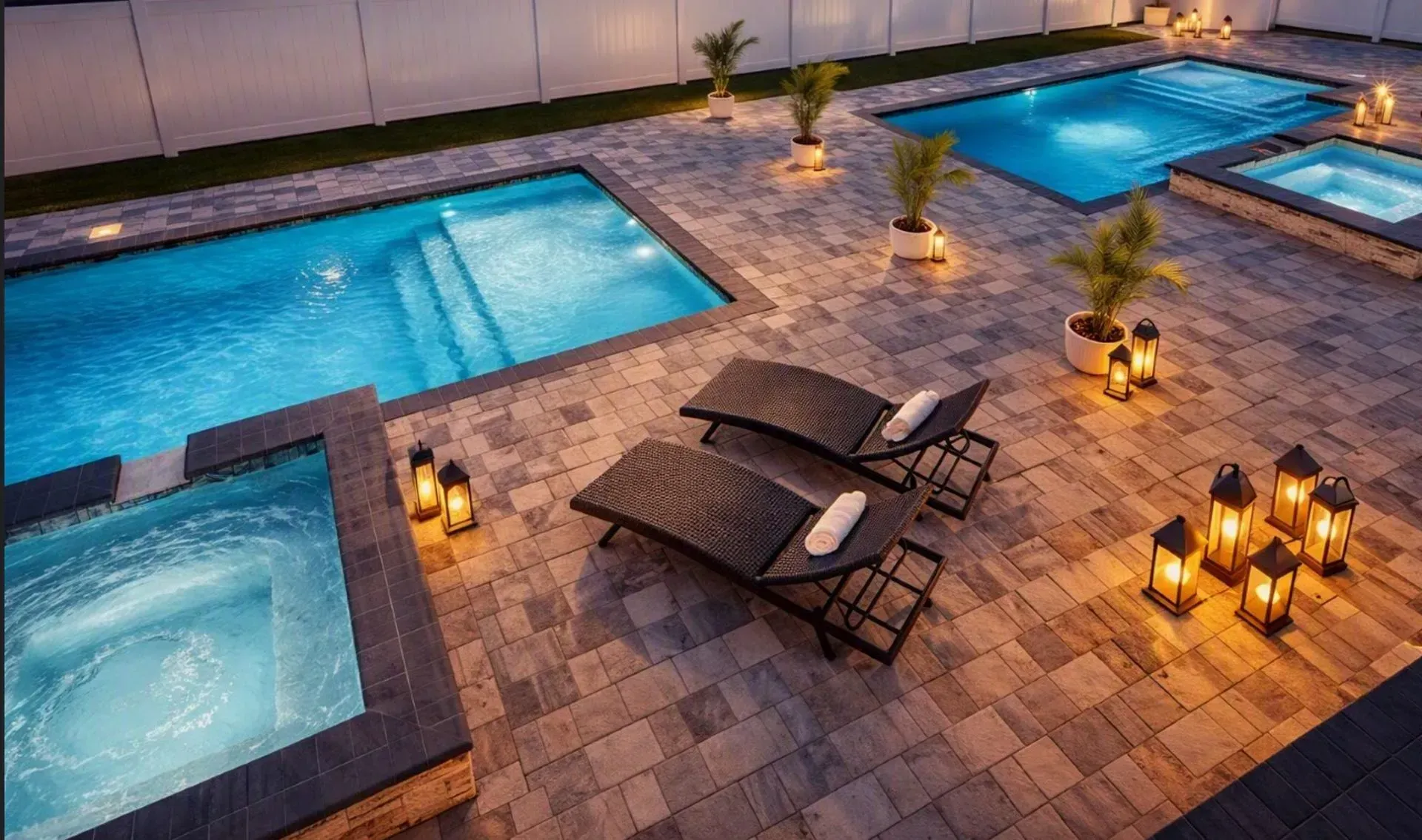 Illuminated resort pool deck with blue pools, lounge chairs, and lanterns at dusk