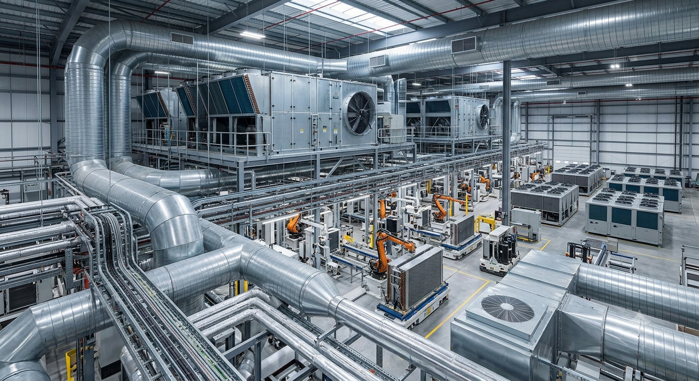 Interno di uno stabilimento industriale con tubi, condotti e grandi macchinari argentati in un impianto pulito e altamente tecnologico.