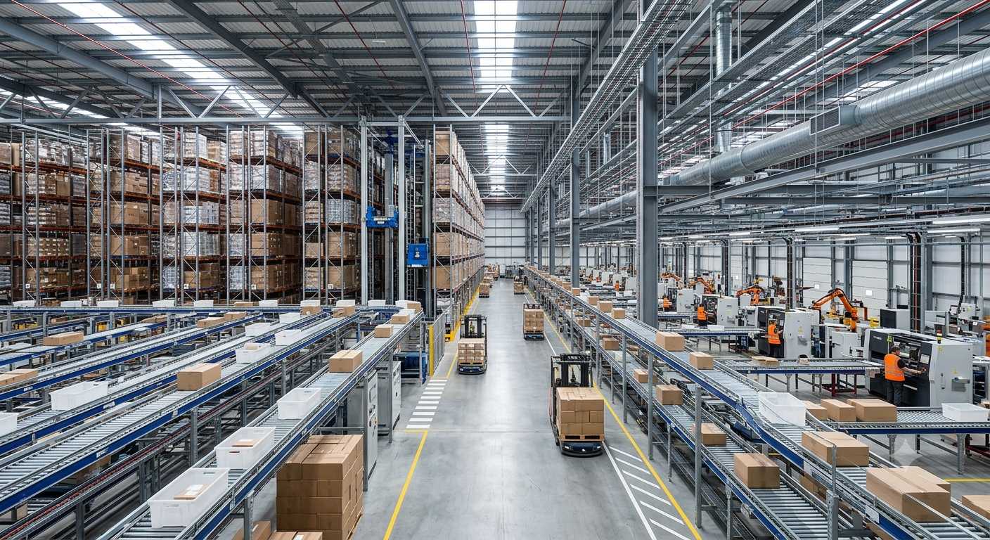 Ampio magazzino con scaffalature alte, carrelli elevatori e operai in un centro logistico molto frequentato.