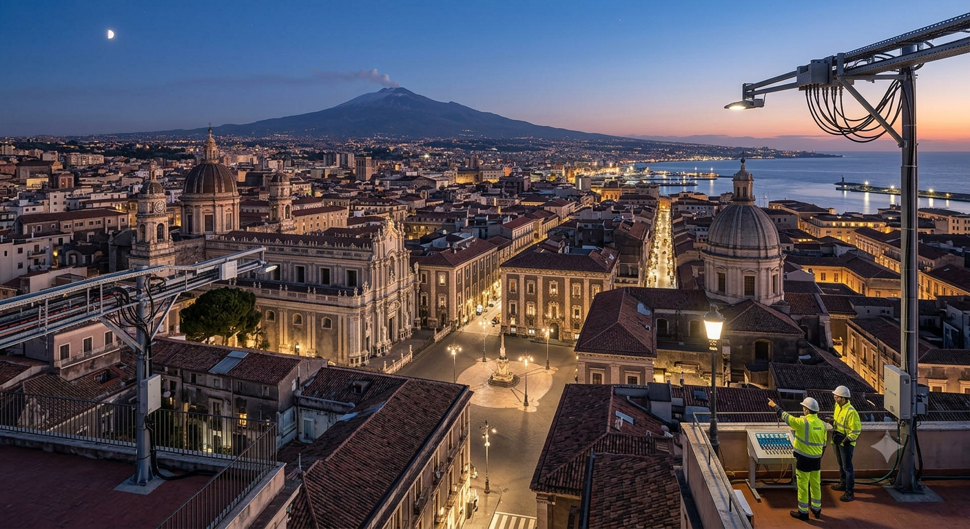 Paesaggio urbano all'alba con tetti di cattedrali, strade illuminate e montagne in lontananza sotto un cielo azzurro.