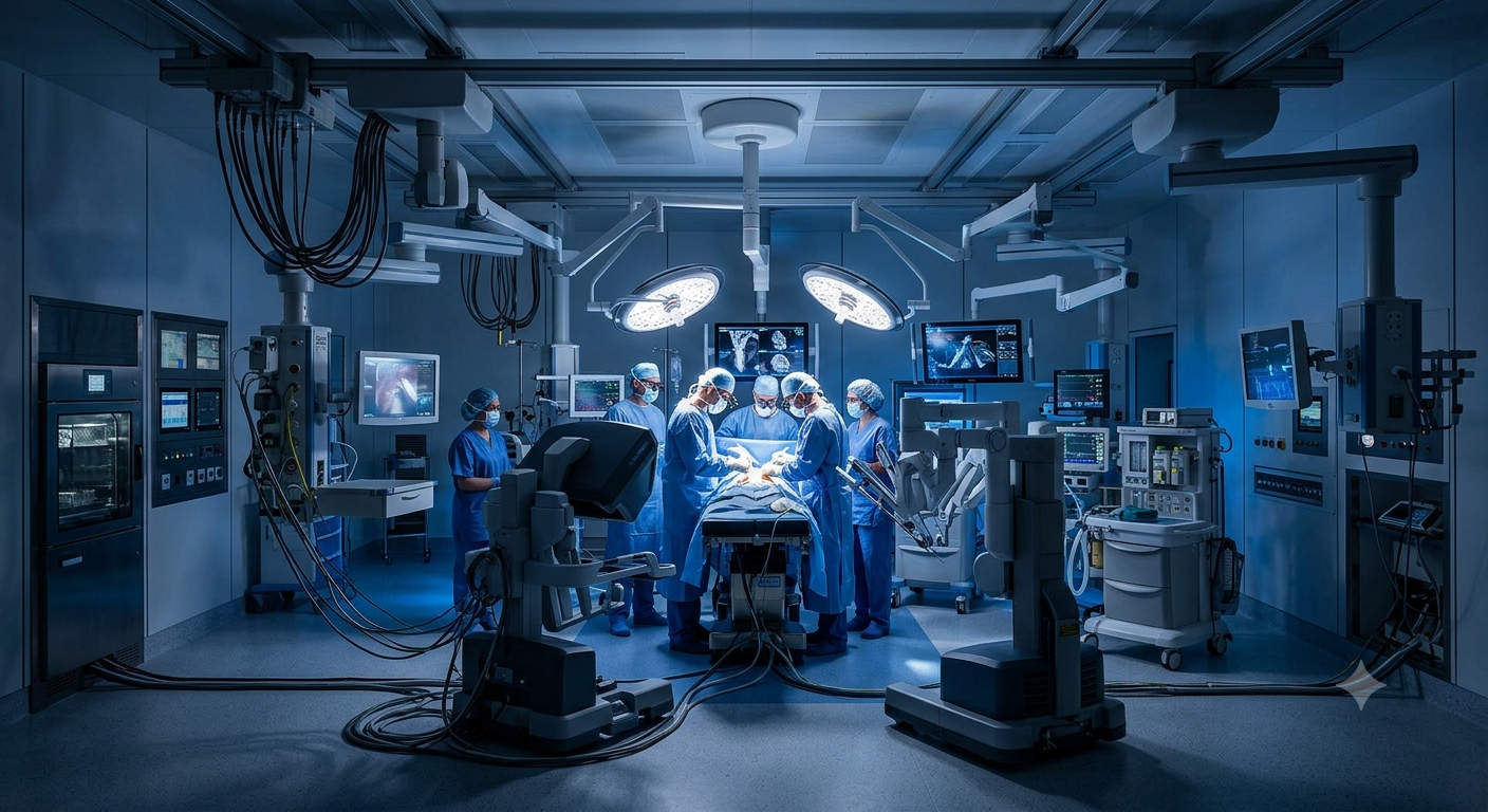 Sala operatoria illuminata di blu con chirurghi e attrezzature mediche attorno a un tavolo operatorio.