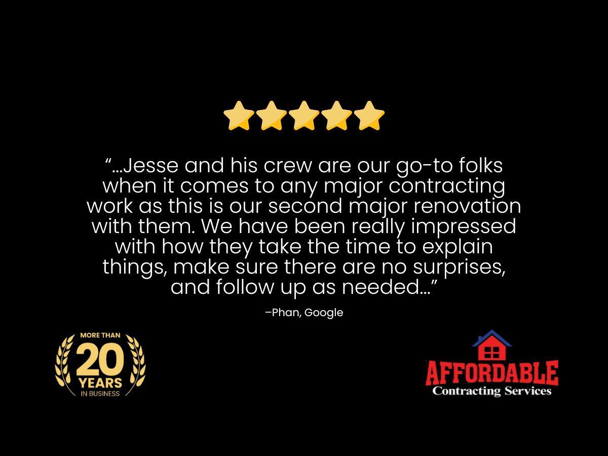 Black testimonial graphic with 5 gold stars, quote text, and Affordable Contracting Services logo.
