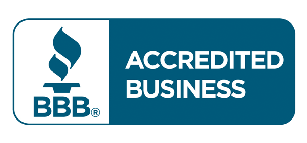 A blue and white bbb accredited business logo on a white background.