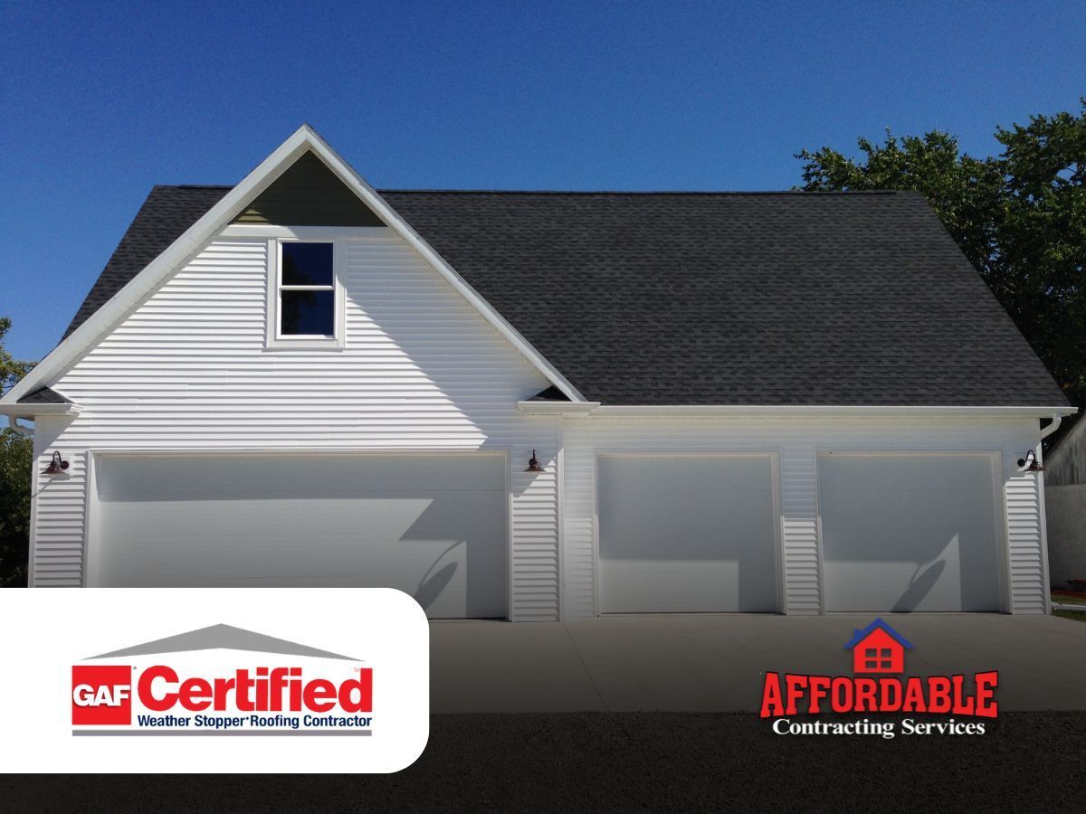 White house roof and siding with GAF Certified and Affordable Contracting logos at bottom