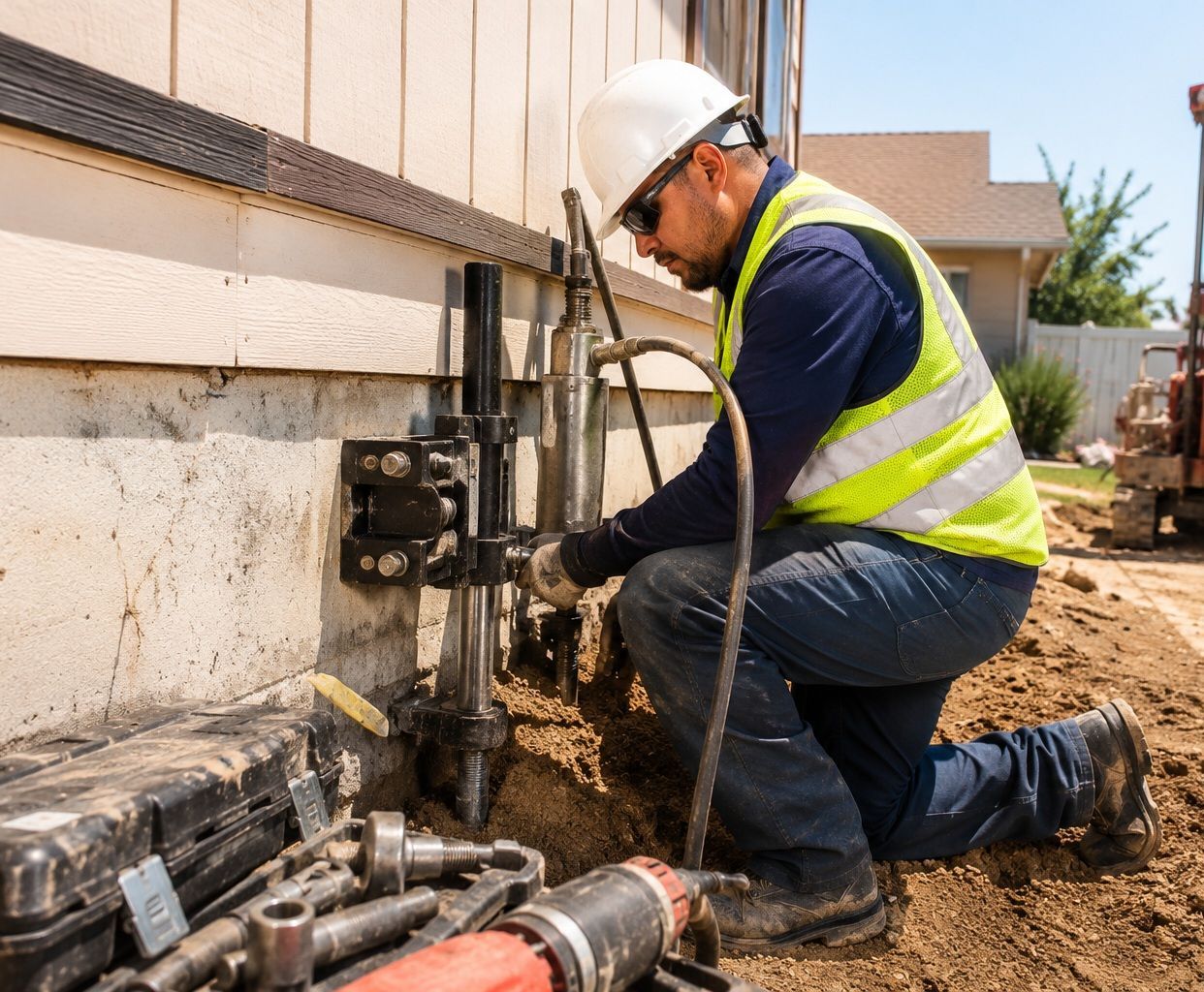 Foundation technician using professional inspection equipment at a home in Tulare, CA
