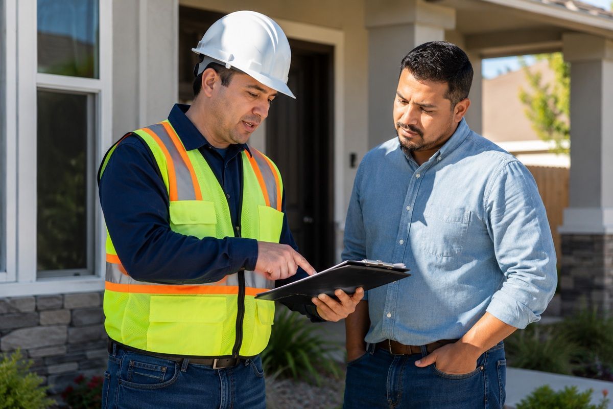 Foundation repair specialist explaining inspection findings to homeowners in Tulare, CA