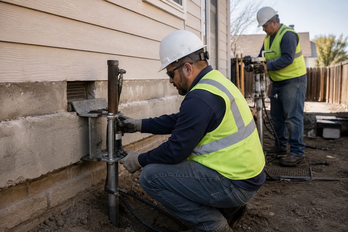 Foundation repair worksite utilizing helical piers in Tulare, California