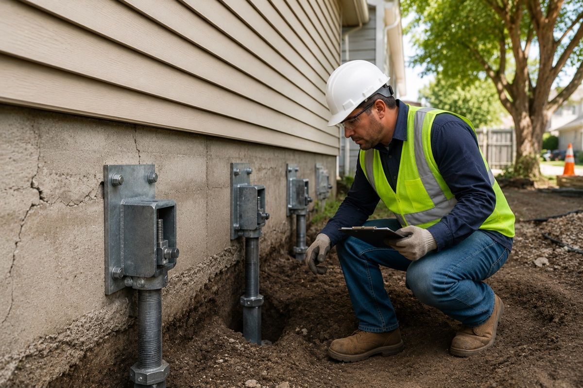 Foundation stabilization specialists evaluating a residential property in Tulare, CA