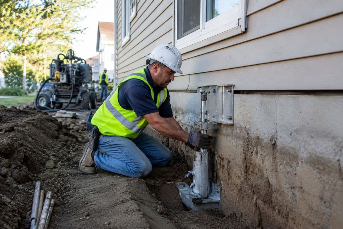 Helical pier foundation stabilization project at a Tulare home