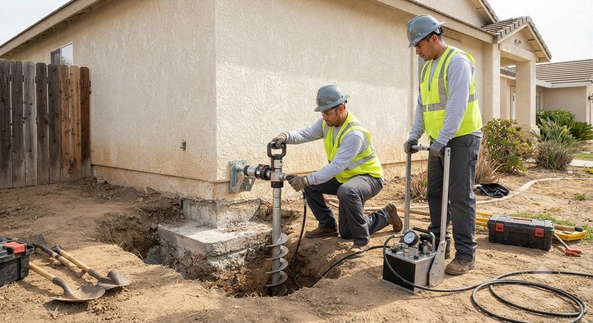Foundation technicians installing helical piers beneath a home in Tulare, CA