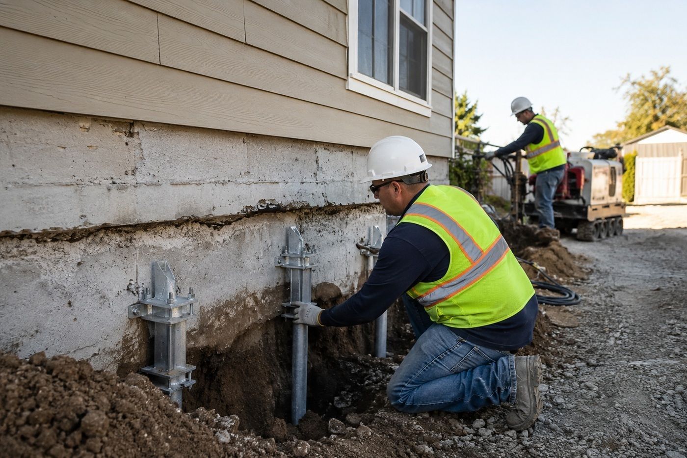 Completed helical pier project at a residential property in Tulare, CA