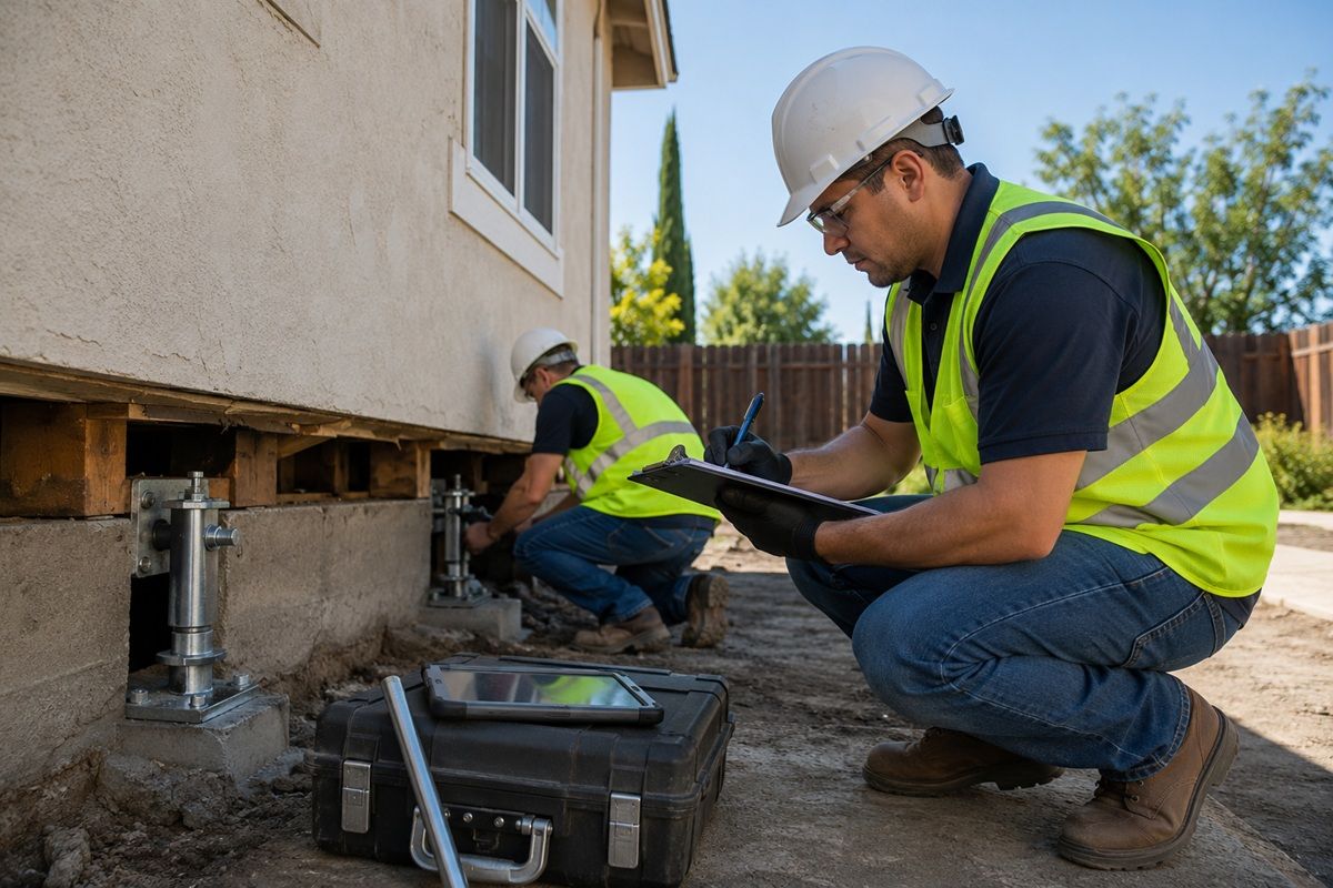 Foundation repair technicians performing a structural inspection using safe work practices in Tulare, CA