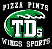 Pizza, pints, wings and sports logo with green wave and bold TDS initials on black background