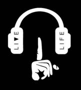A pair of headphones with a finger on the ear.