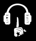 A pair of headphones with a finger on the ear.