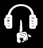 A pair of headphones with a finger on the ear.