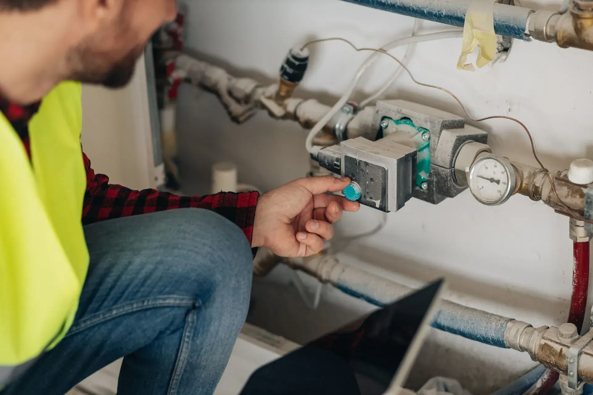A man is kneeling down and looking at a water meter.
