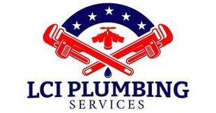 A logo for lci plumbing services with two crossed wrenches and a faucet.