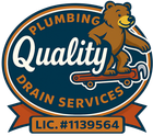 Logo for Quality Plumbing Drain Services featuring a brown bear riding a wrench skateboard
