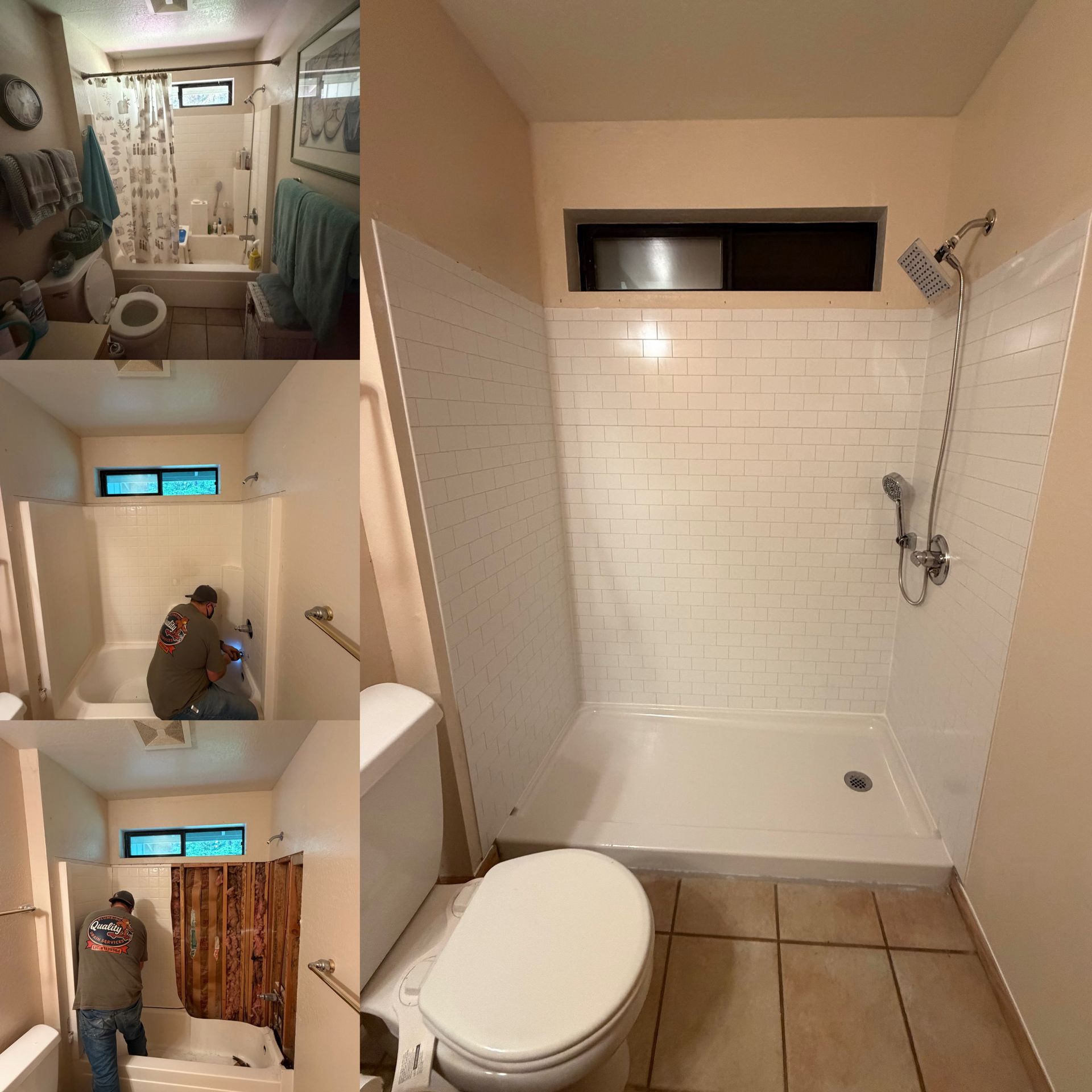 Bathroom remodel progress collage with tiled shower, toilet, and workers installing a shower curtain