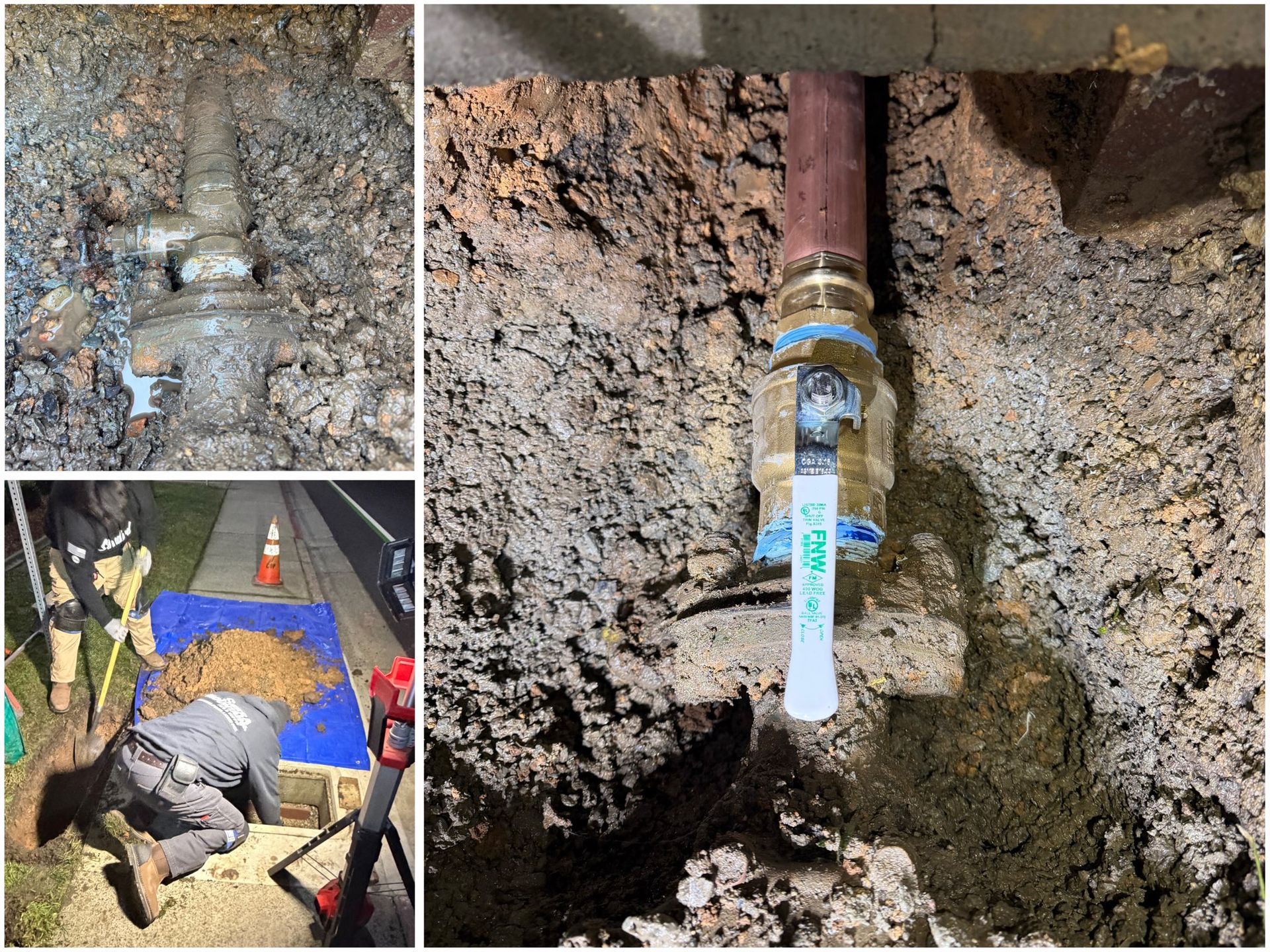 Workers replacing a corroded water shut-off valve with a new brass ball valve in an excavated trench.