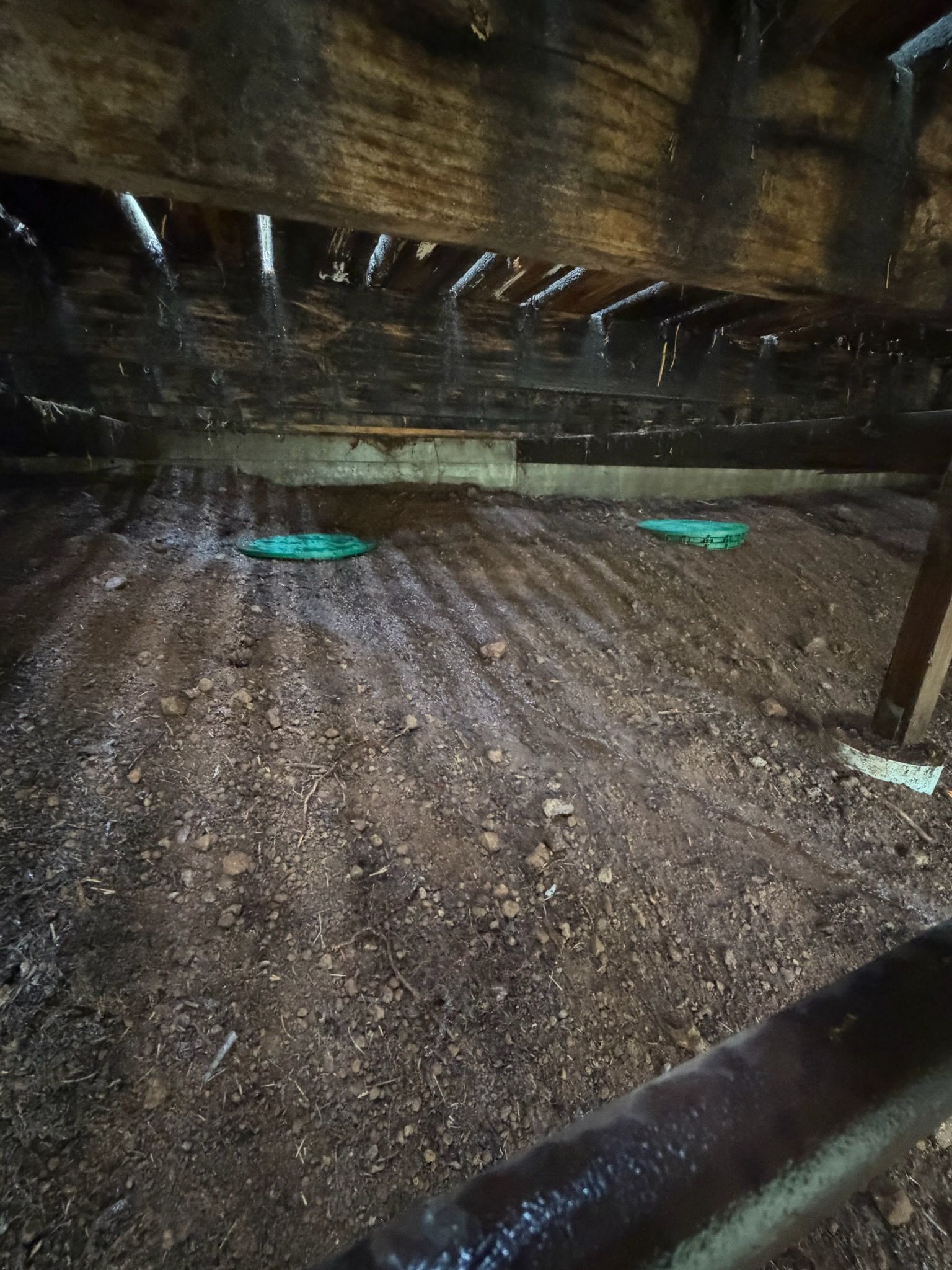 Dim crawlspace with gravel floor, low wooden beams, and two turquoise plastic trays underneath.