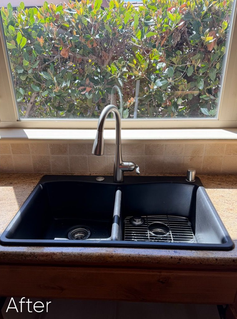 Black kitchen sink with chrome faucet beneath a window; “After” label in the corner.