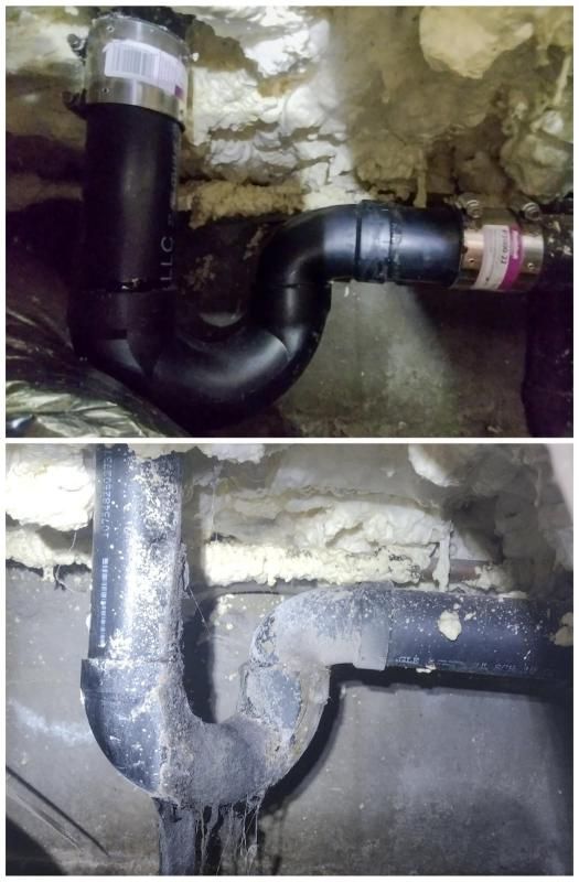 Two views of black plumbing pipes connected, one with a metal coupling, surrounded by insulation.