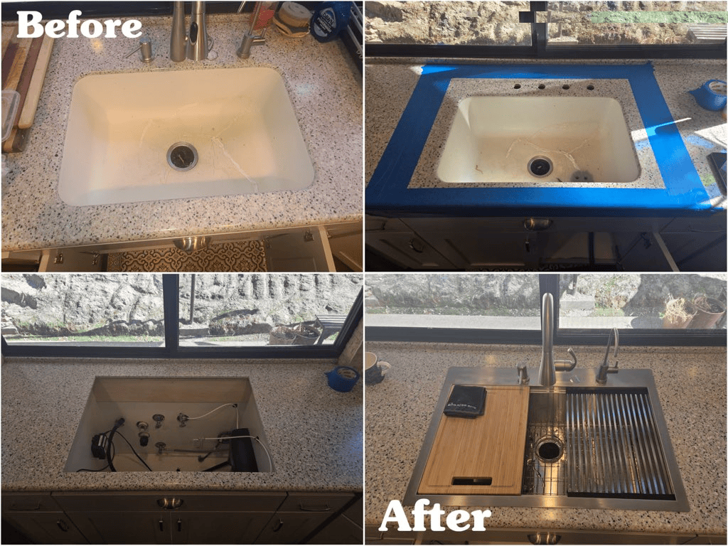 Sink renovation showing before and after. White sink replaced with stainless steel, set in speckled countertop.