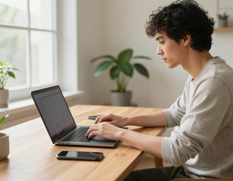 Persona al lavoro da casa con laptop e smartphone